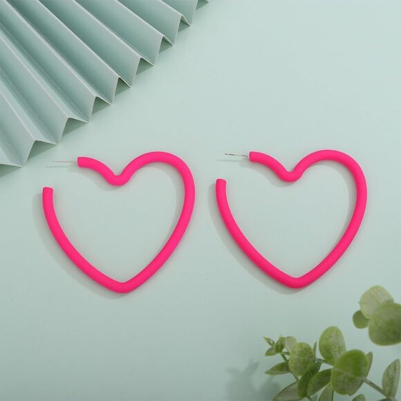 Neon pink lightweight sterling silver hoop earrings with heart pendant, retro st - Picture 3 of 6
